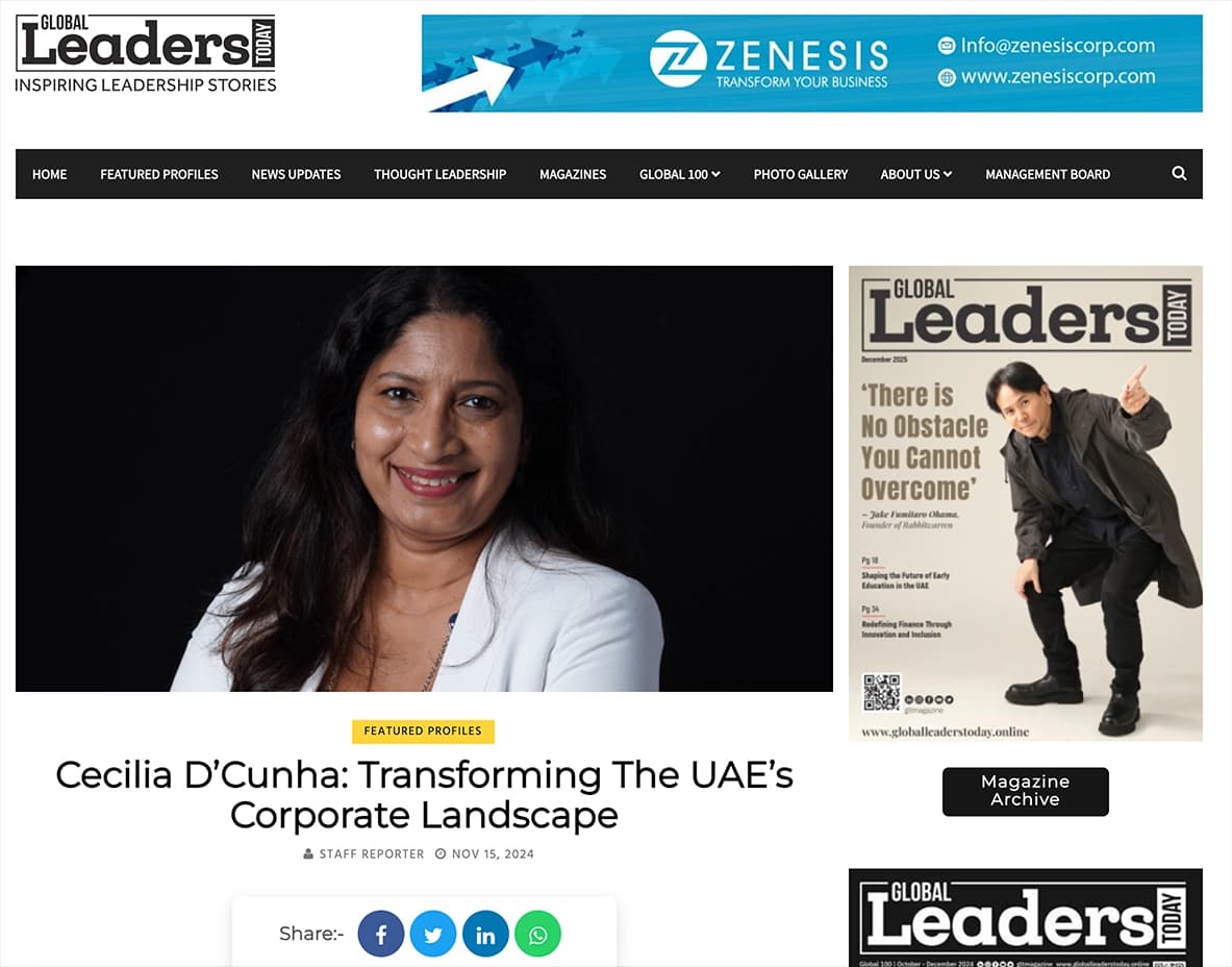Global Leaders Today feature on Cecilia D'Cunha