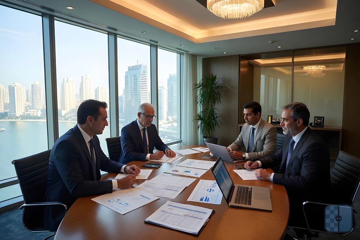 Professionals reviewing finance and tax documents
