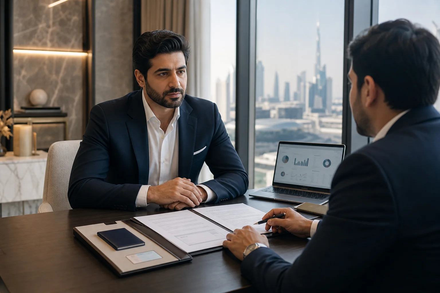 Business advisers discussing visa and banking requirements in Dubai